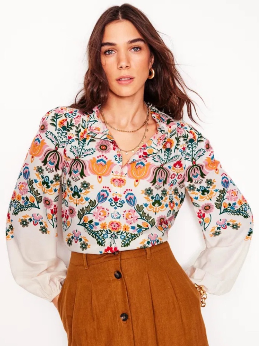 Boden Ruffle Collar Blouse Top Ivory Tulip Fusion Floral US 16-18